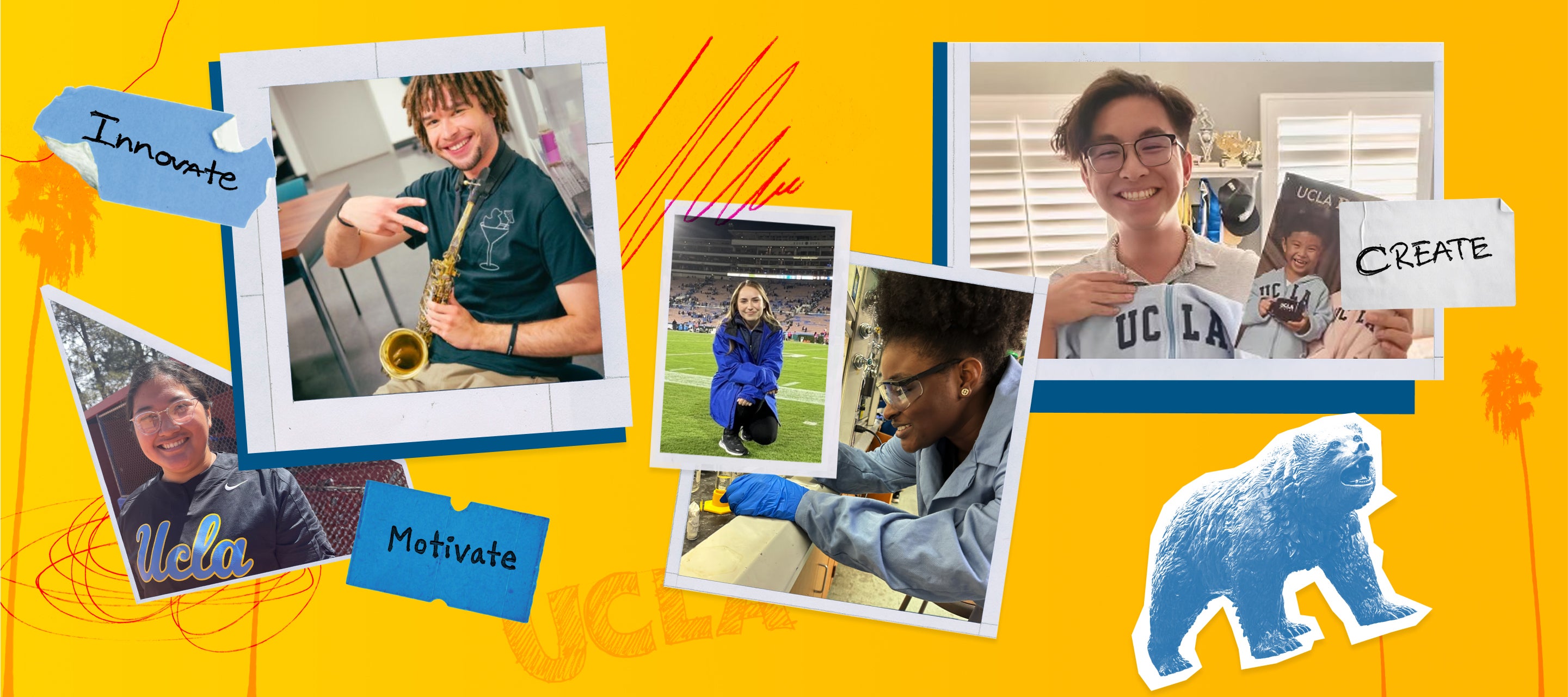 collage of bruin graphics, photos of students, text reads innovate, motivate, create